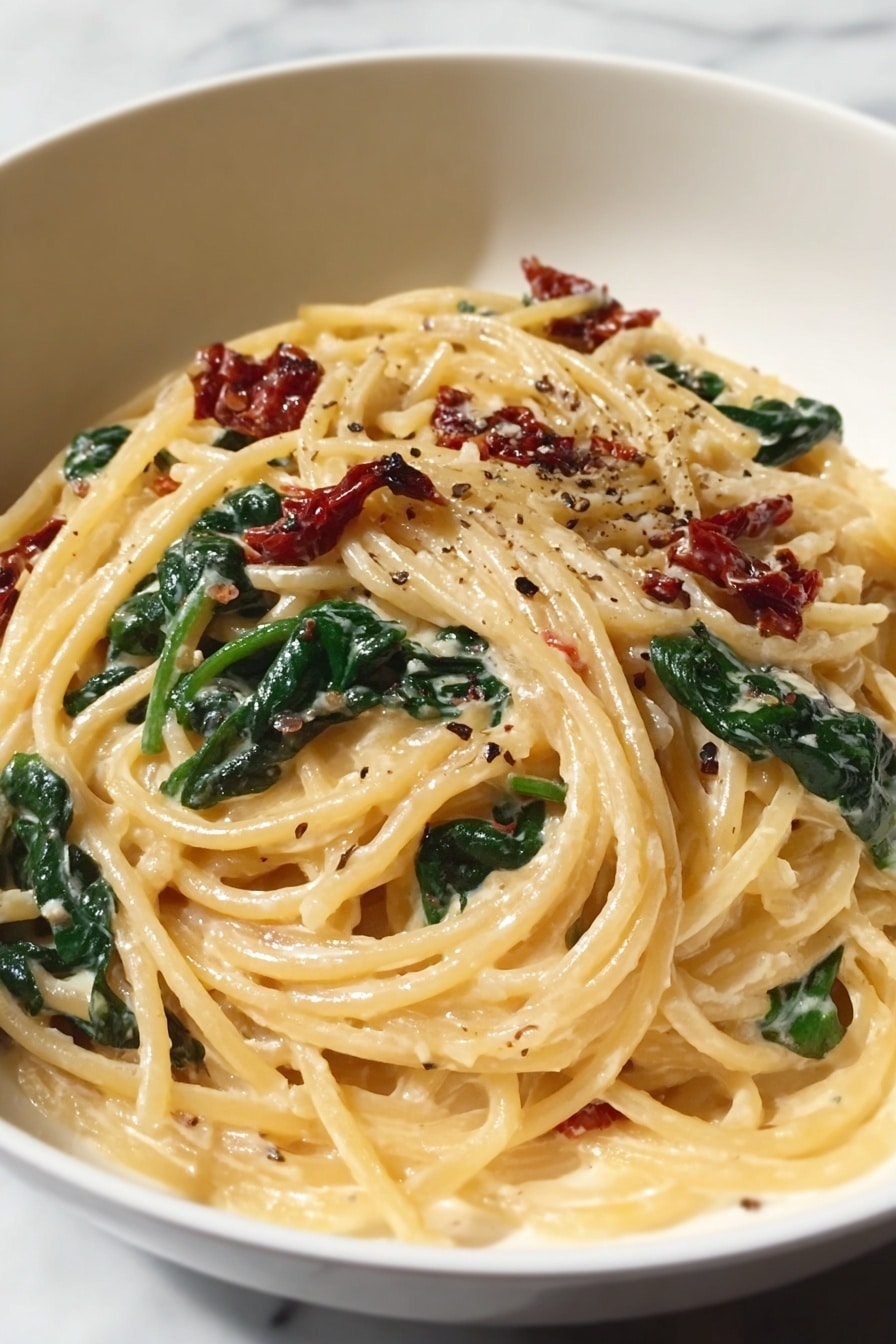 Easy Comfort: Balanced Spaghetti with Sun-Dried Tomato & Spinach Cream