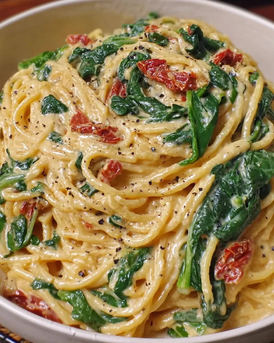 Minute Creamy Spaghetti: Sun-Dried Tomato & Spinach Bliss
